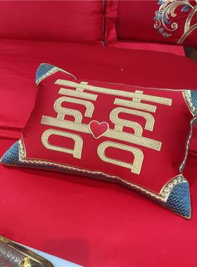 新陪大红喜全棉HFT长绒棉婚字庆嫁四件套刺绣被套喜床庆上用品轻