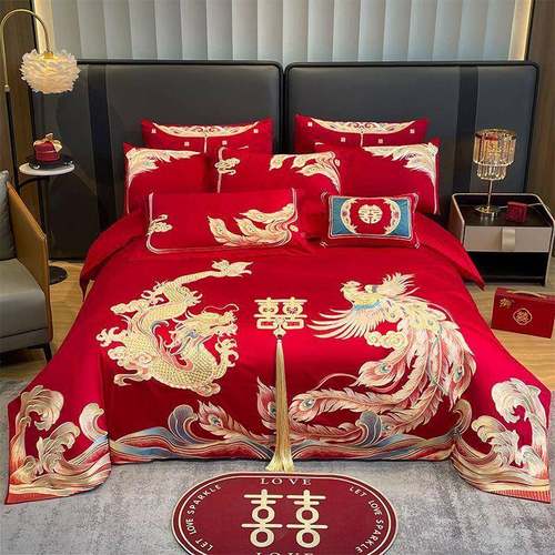 婚凤庆棉四件套大红龙凤刺新绣婚结婚喜庆件套FNO婚嫁床上用品龙