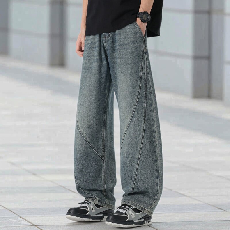 弯刀牛仔裤男春季美式潮牌宽松直筒水洗阔腿休闲长裤子