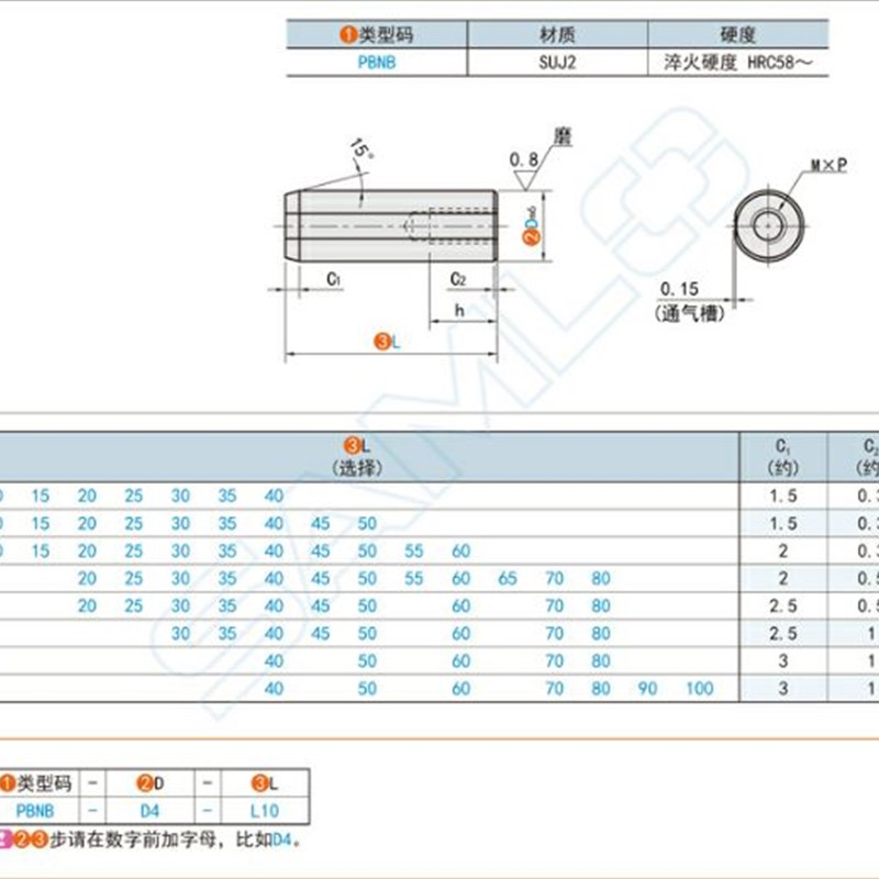 内螺纹定位销圆柱销PBNB-D4 5 6 8 10 12 13 16-L10 15 20 25 30