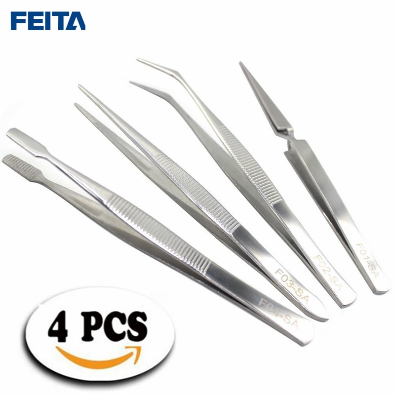 FEITA 小镊子不锈钢聂孑夹圆尖嘴平头弯头列防弹交叉摄钳维修工具