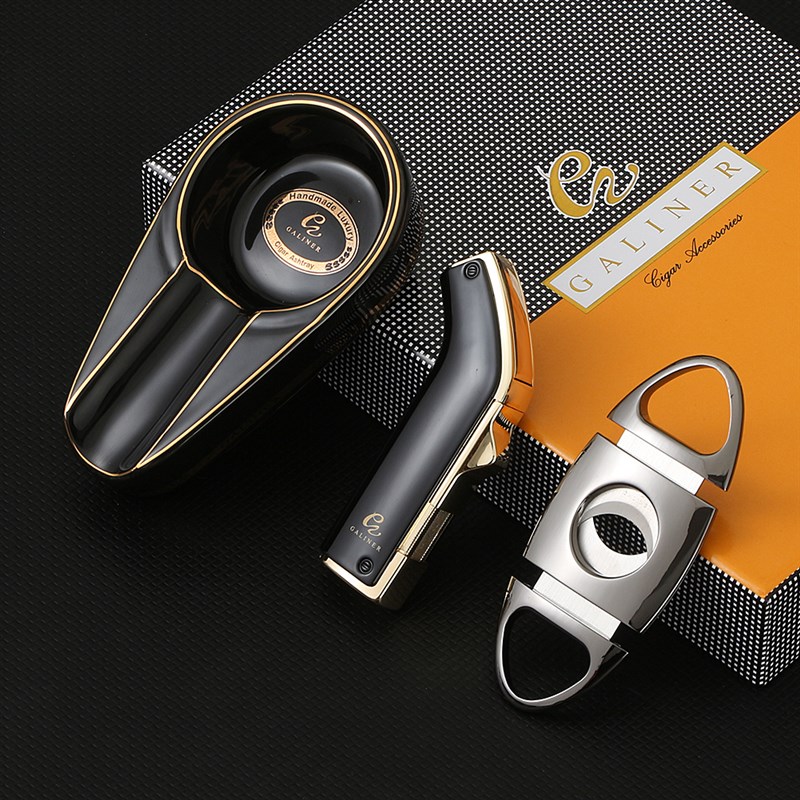 雪茄剪进口锋利便携雪茄刀古巴陶瓷烟灰缸金属打火机套装雪茄剪刀