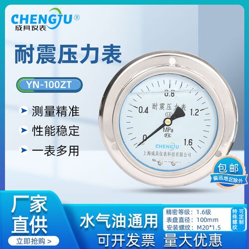 上海成具仪表耐震压力表抗震防震液压不锈钢YN-100ZT轴向带边真空