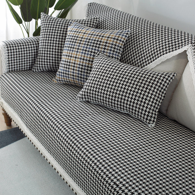 棉麻千鸟格沙发垫四季通用布艺防滑高档亚麻盖布北欧套罩巾老粗布