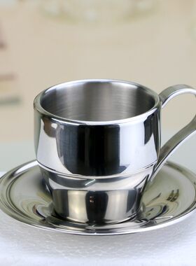 包邮 双层不锈钢咖啡杯 连碟带勺子 咖啡杯 杯子茶杯欧式送咖啡匙