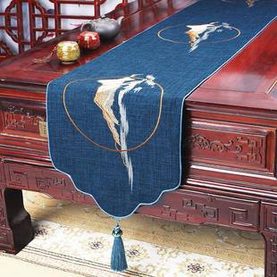 新中式 高端桌刺绣OJI轻奢布桌旗茶几餐桌台电视柜长条布布茶茶桌