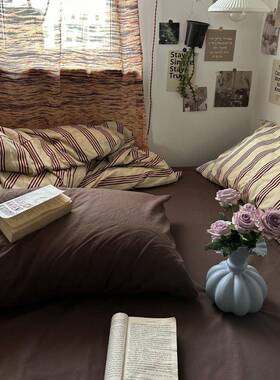 美式复古简约条件纹DCN纯0棉床上四件套1套0全棉床单床笠被套宿舍