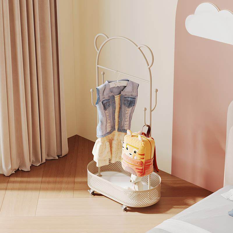 众之轮亿儿童小熊儿童挂衣架用卧室家带移动衣架奶油风脏衣篮卡通