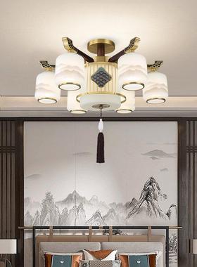 新中式大山水客厅吊灯高档大全铜气乌檀木大厅灯别墅空88855自建