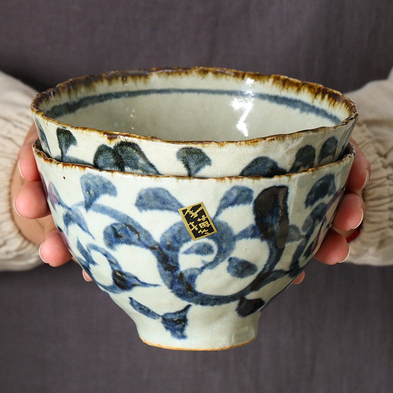 Bloom日本进口美浓烧陶瓷碗 手绘唐草汤碗釉下彩拉面碗盖饭泡面碗