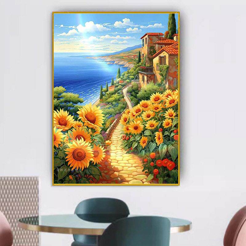 向日葵钻石画客厅餐厅儿童卧室满钻海边风景画5d点贴钻十字绣简约