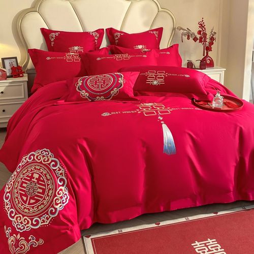 中式龙凤刺绣大红色婚庆四件套新婚喜被婚礼喜庆被套结婚床上用品