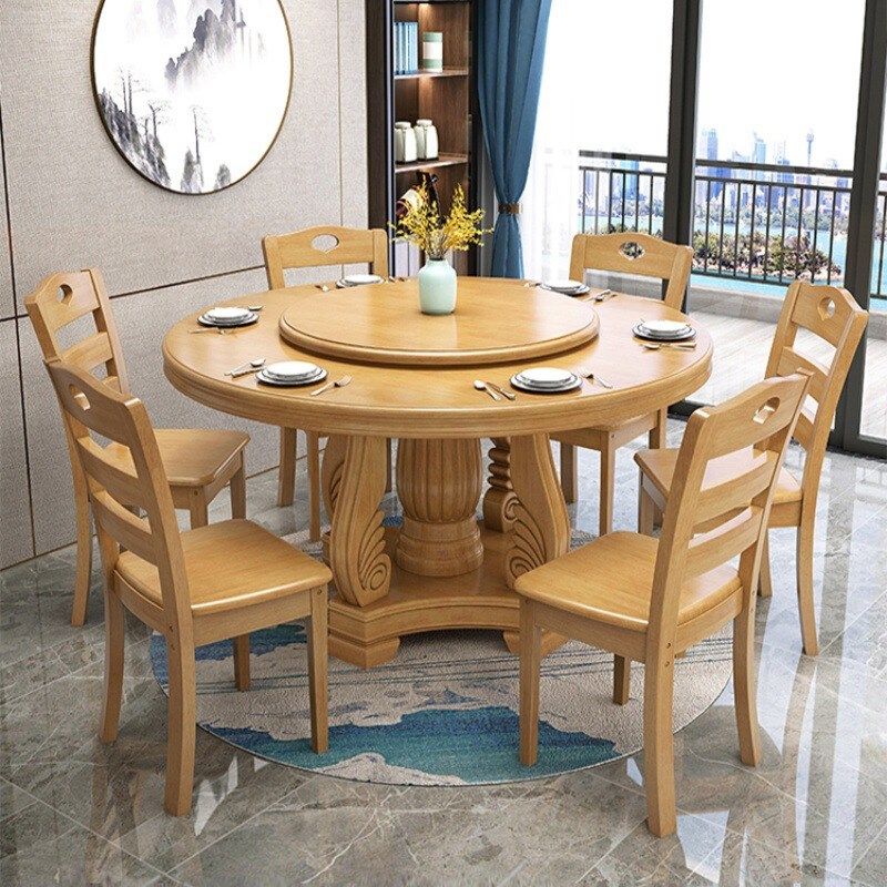 实木圆形餐桌带转盘组合现代中式家用8人10人1.8米大圆桌吃饭桌子