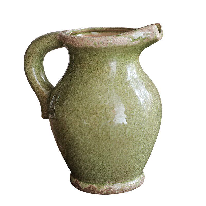 法式乡村做旧裂纹釉把式陶瓷花瓶白色把式花瓶 暗绿色复古花器