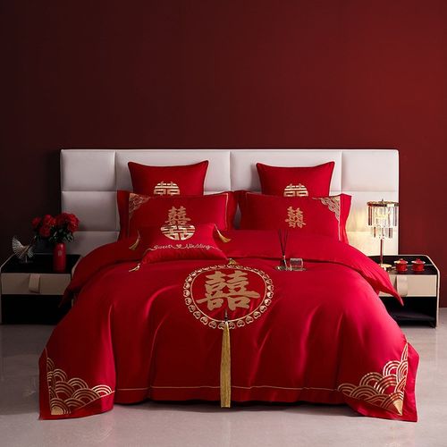 婚庆六件套加厚大红色简约刺绣结婚礼喜庆婚嫁床单四件套床上用品
