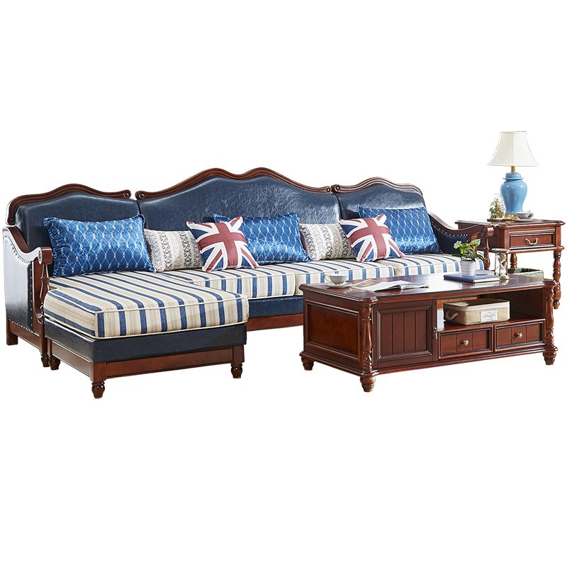 狮子堡美式贵妃四人五人位沙发木加布皮躺椅沙发茶几客厅家具组合