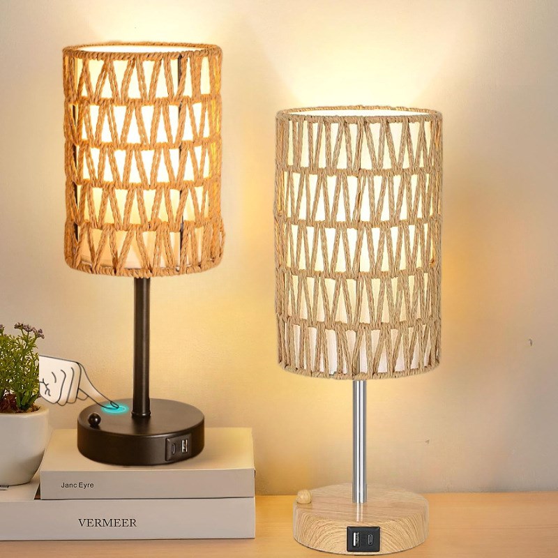 复古风藤艺台灯插座带usd铁艺少女宿舍卧室喂奶装饰床头灯氛围灯