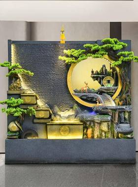 意创院tb-73790新池中式水幕墙鱼假山循环流水造景庭客厅酒店屏风