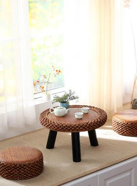 藤编榻阳榻米茶几WKI茶桌矮桌约台飘窗桌子小茶几圆形炕榻桌榻简