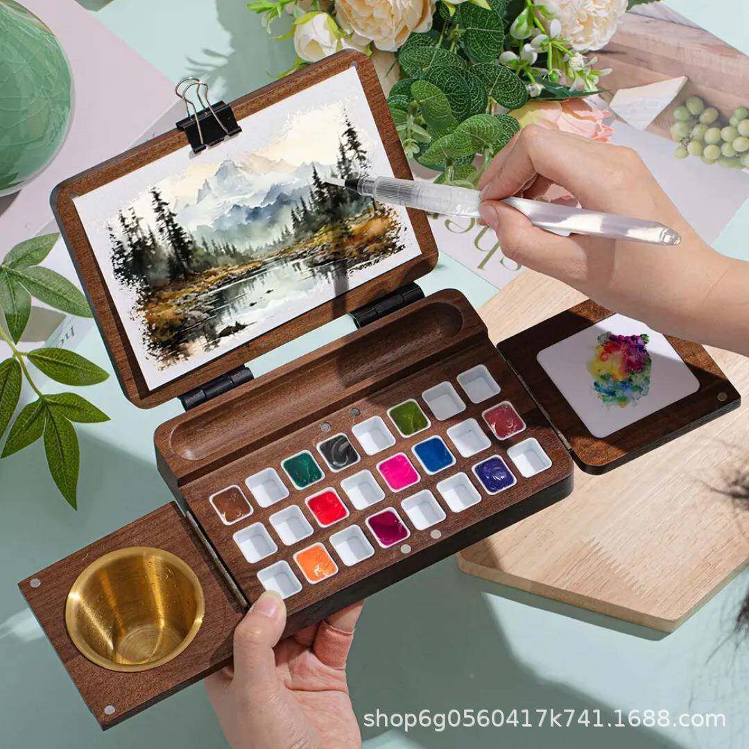 质水调彩颜料木盒绘画油彩调色盘色多格~水彩颜料板木盒