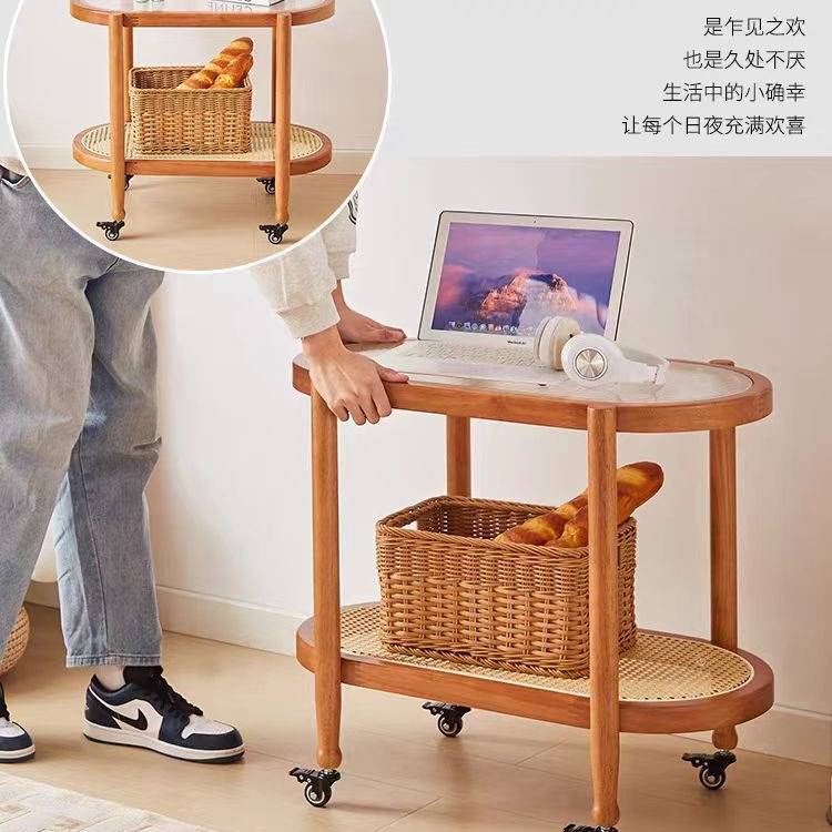 日式可移动边几实木边柜茶几玻璃带轮小推车藤编置物架阳台小桌子