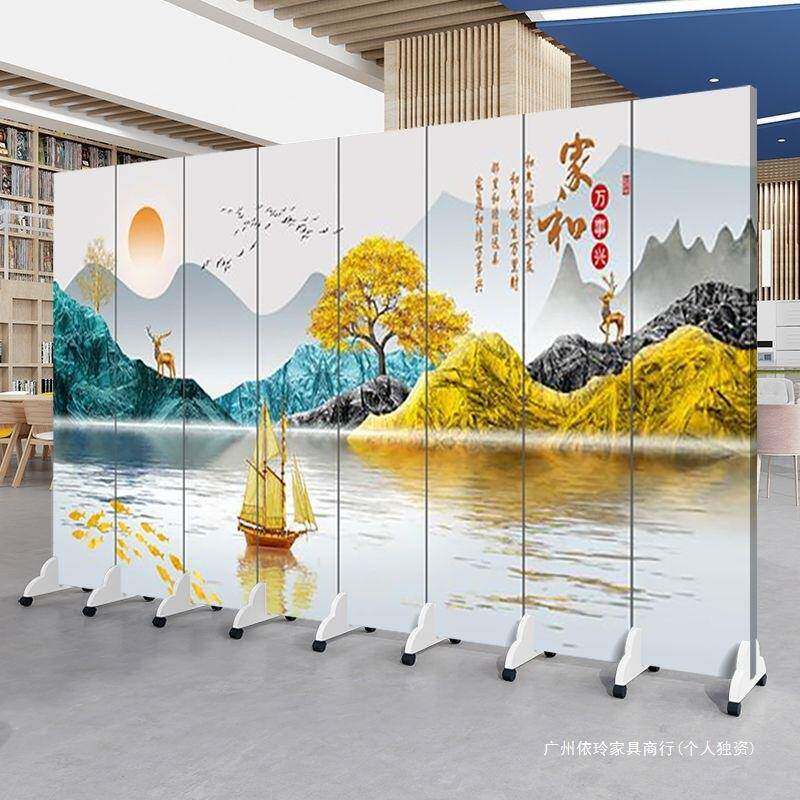 中式山水屏风动隔断客厅办公室al123入户卧室画折叠移简约代现茶