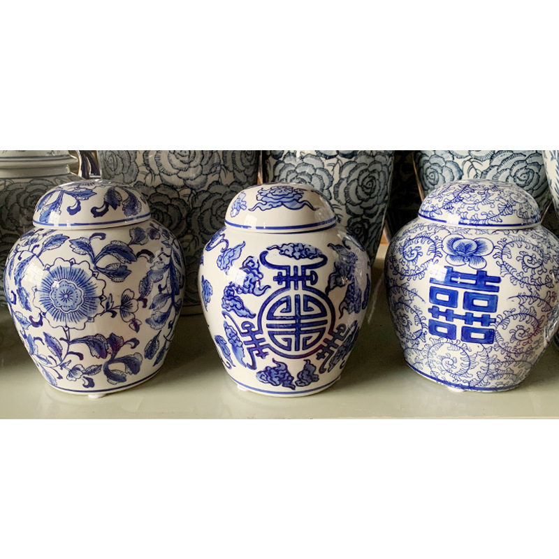 青花瓷陶瓷花瓶摆件新中式客厅玄关装饰瓷器小储物罐子
