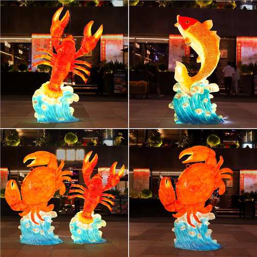 仿真户外螃蟹龙虾迎宾摆件烤鱼店排挡大型玻璃钢打卡网红发光雕塑