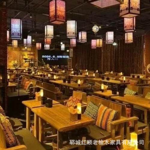老榆木民谣集餐桌椅组合复古酒吧实木卡座沙发民宿酒馆长方形桌椅