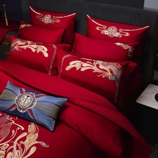 龙凤刺绣大红色四件套长绒棉被套备婚床上用品南通叠石桥家纺