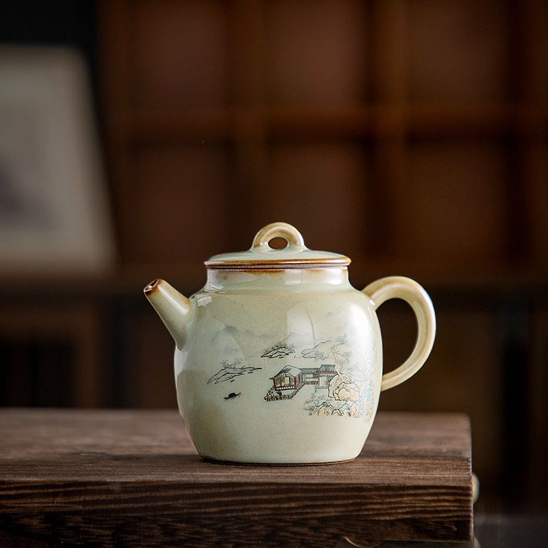 青玉汝窑手绘小秦权壶复古中式李辉熠汝瓷开片家用送礼泡茶壶小号