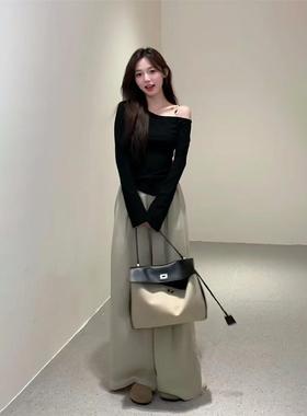 欧阳喜原创《秋日赴约》露肩绝美短款斜肩上衣女秋长袖t恤针织衫