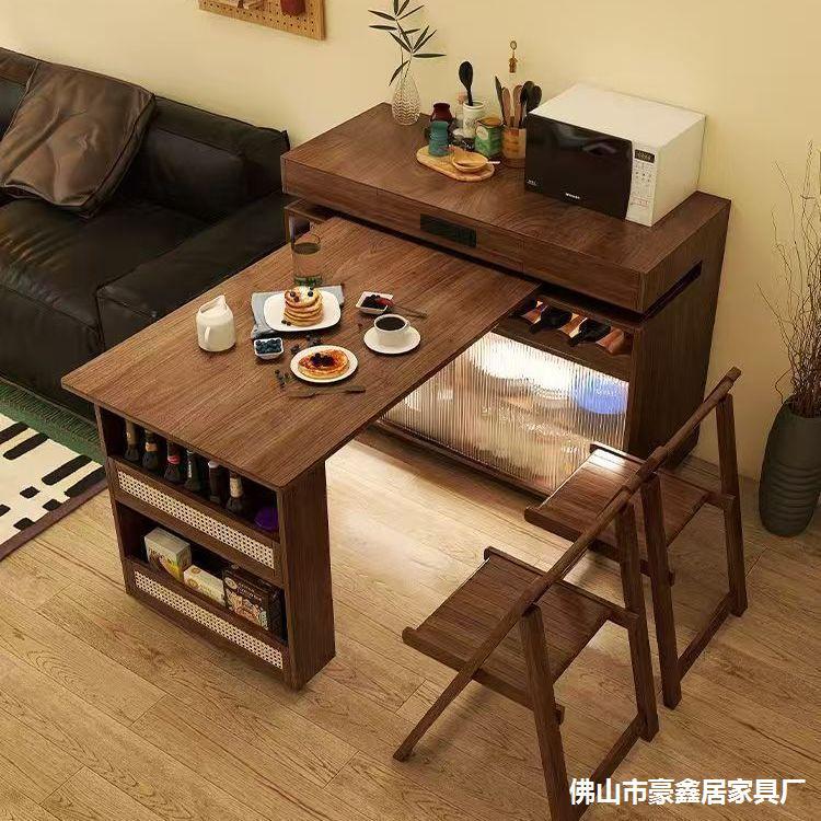 实木旋转岛台餐桌可伸缩小户型一体家用多功能复古风吧台餐桌一体