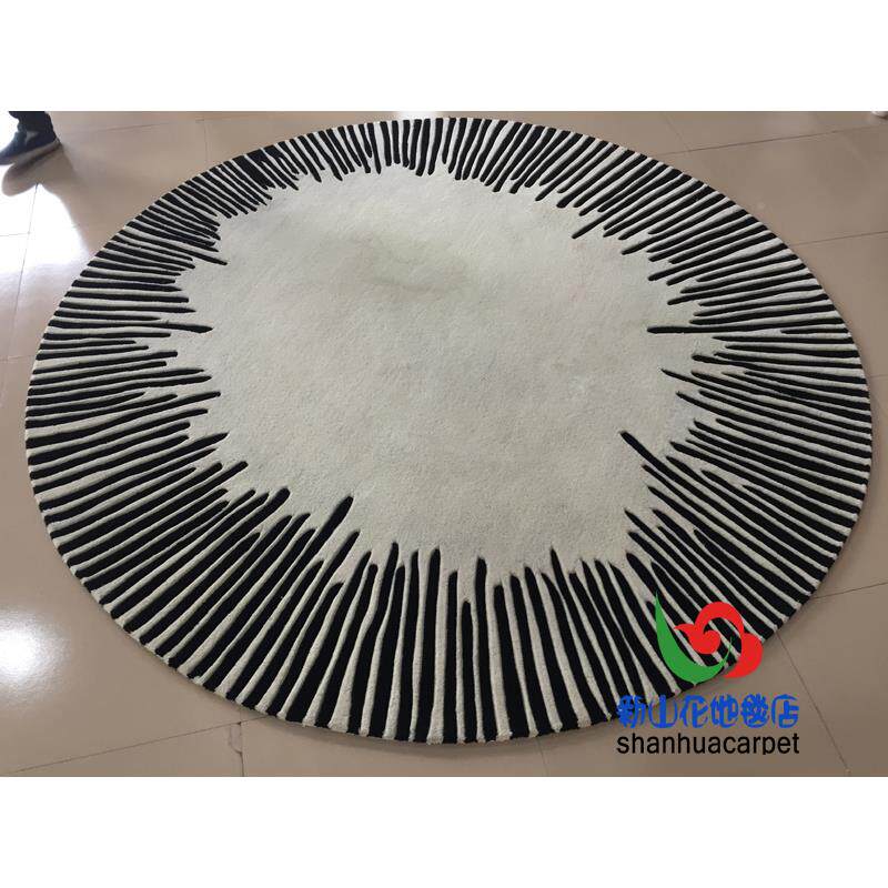现简中约几何格厅子圆形式153手工代进口羊毛客茶几地毯餐厅书房