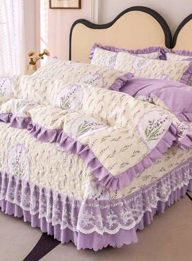 床三件套四件防滑床夹棉加pxx10032套厚床裙蕾单丝四季花边韩版床