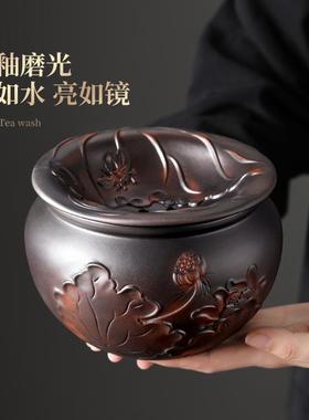 紫量陶水荷韵茶渣缸茶洗大容废水桶带过滤水缸洗具茶配54030件用