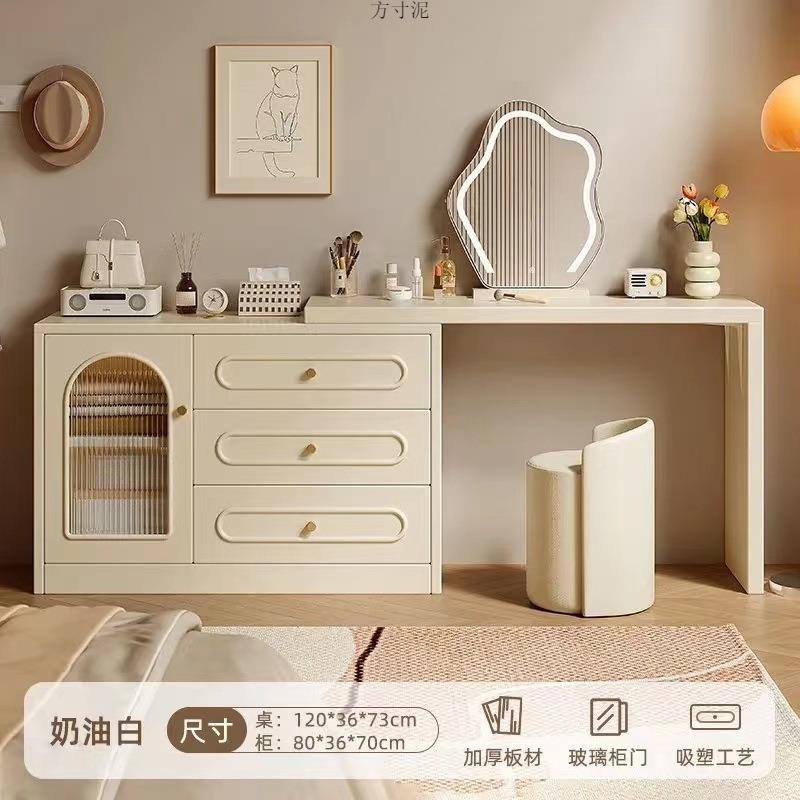 梳台卧室简约现体代床头柜化妆妆台收纳OKA柜一225新款奶油风化妆