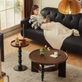 中古风茶几客厅家用2985025新款 古圆茶几实阳木台形茶桌小 法复式