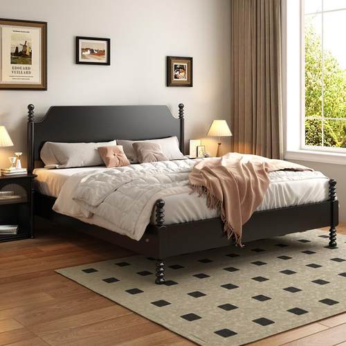 简美风乡无品牌/村美式实木床床简双约复古黑色1家.8米人轻奢婚床