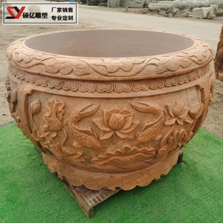 晚霞红石雕鱼缸花盆庭院造景