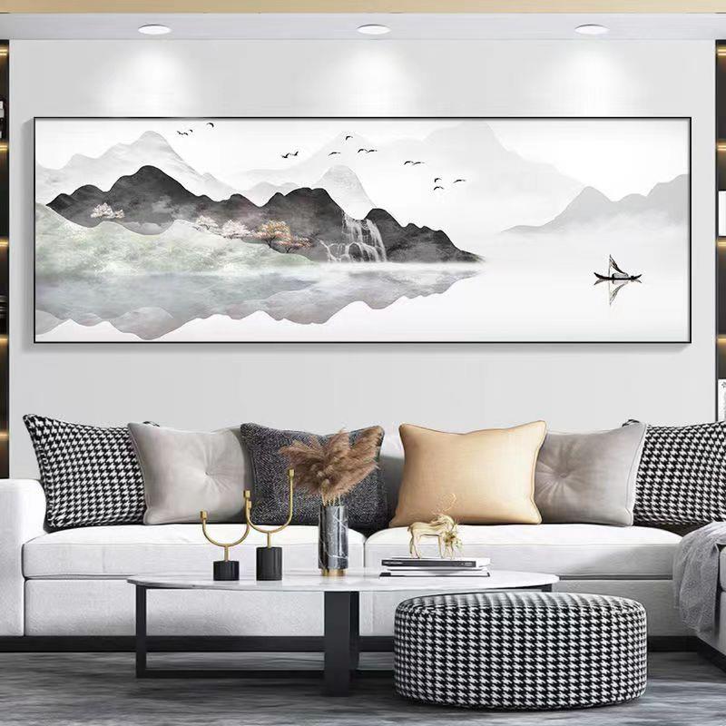 一新中式山水横幅片式办日照山GOP金沙发公室床头画背景装饰画
