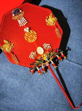 中新扇娘团扇宫花廷汉服古典秀禾服式喜扇婚礼手捧成品礼扇材XTI