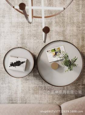 意式简圆形皮革几茶组大38665小户型客厅设计师创意马鞍革极合实