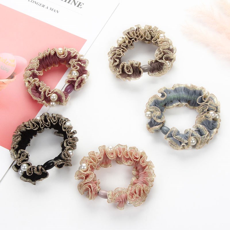 韩版百搭头绳珍珠头花发圈简约皮筋发花发饰扎头发盘丸子头头饰品