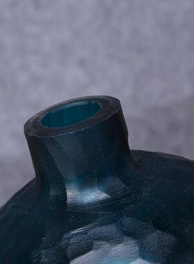 钻石蓝色玻璃花瓶磨性刻BBD刻花个瓶手工磨客厅装饰插花摆件花器