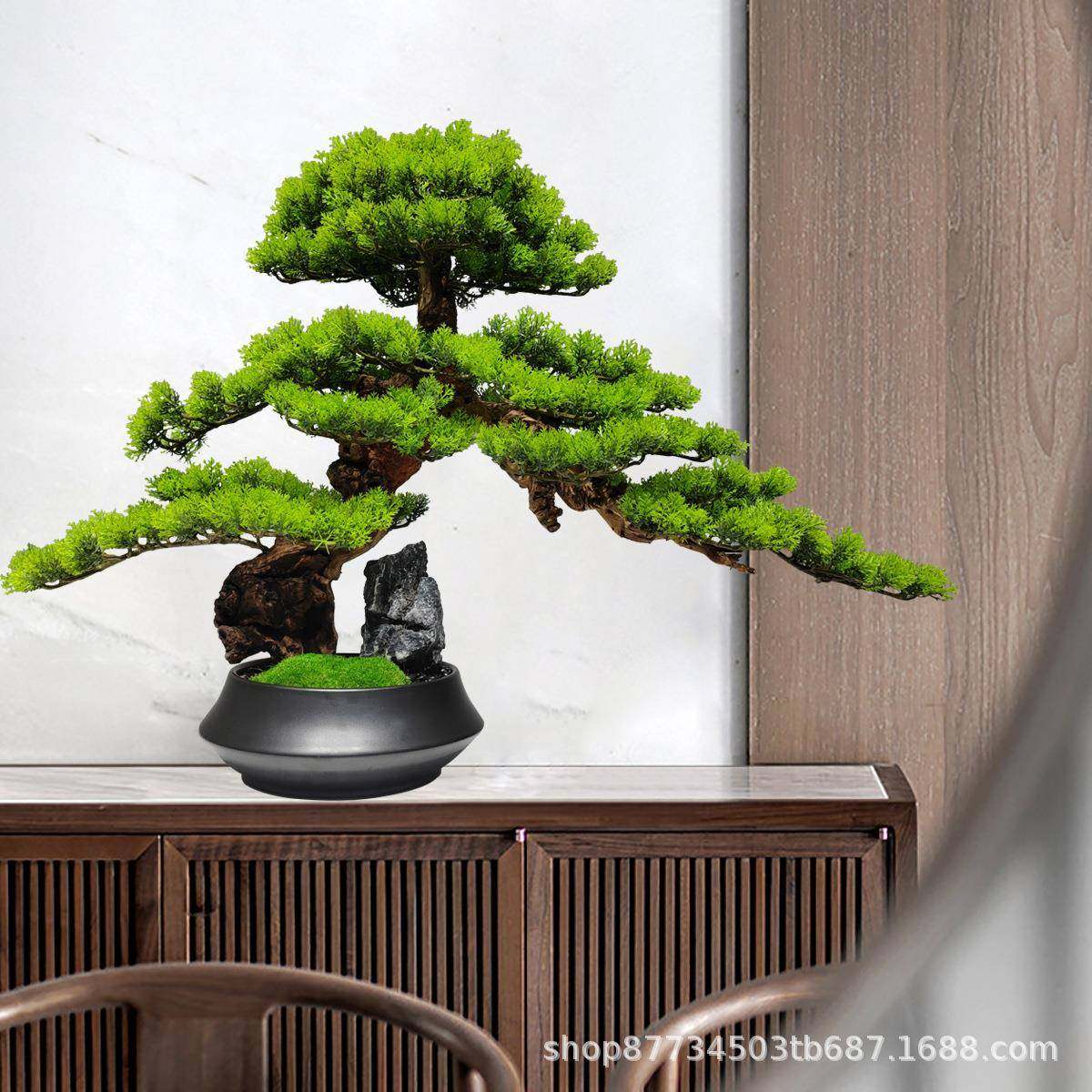 新中式迎松客树盆摆件石山头枯水样板房玄关微景观绿植陶瓷景NQL