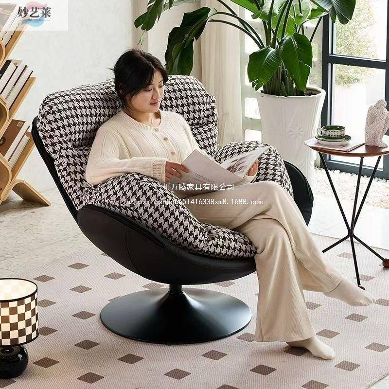 万简约单人蛋人壳沙发懒YLZ沙发椅千鸟格麻布家用休闲古可旋复腾