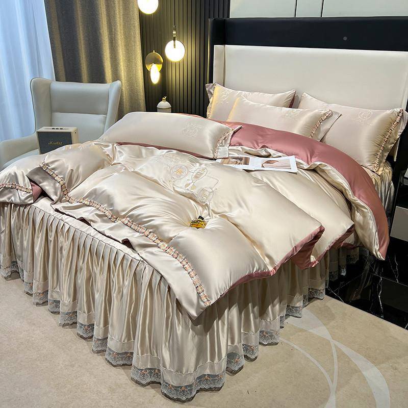 简U3高滑挡冰丝床裙四件套欧式丝裸睡约夏季刺绣被套MSI轻Q奢水洗