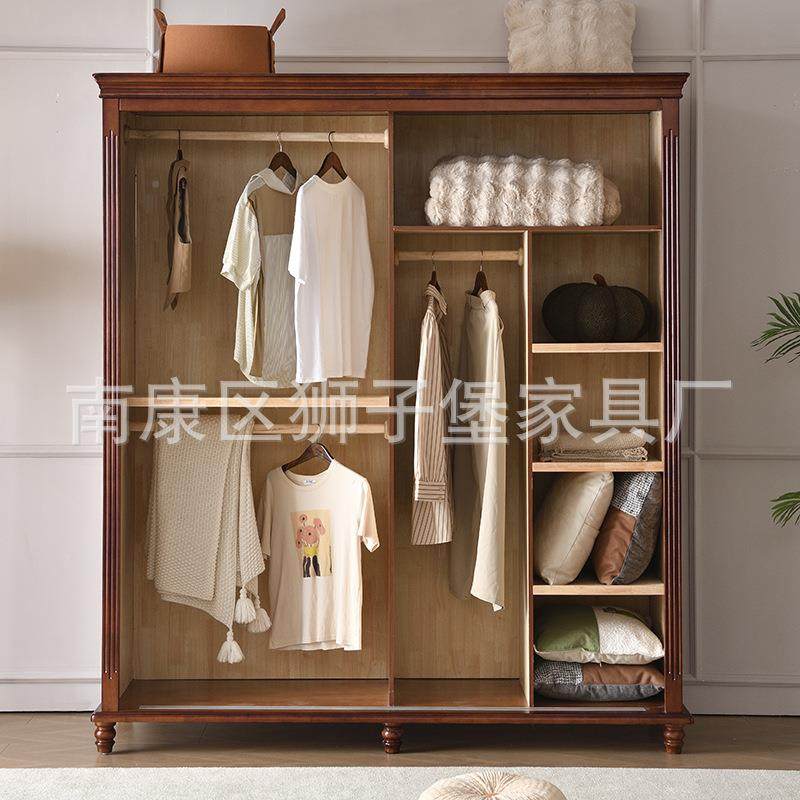 美式826实木衣柜两门推拉橱柜双门大容量家衣乡卧室具美式村柜储