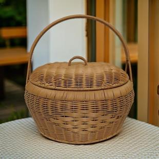 圆形带盖仿藤编野子R0001手提篮约鸡餐蛋篮简大号铁架菜篮子便携